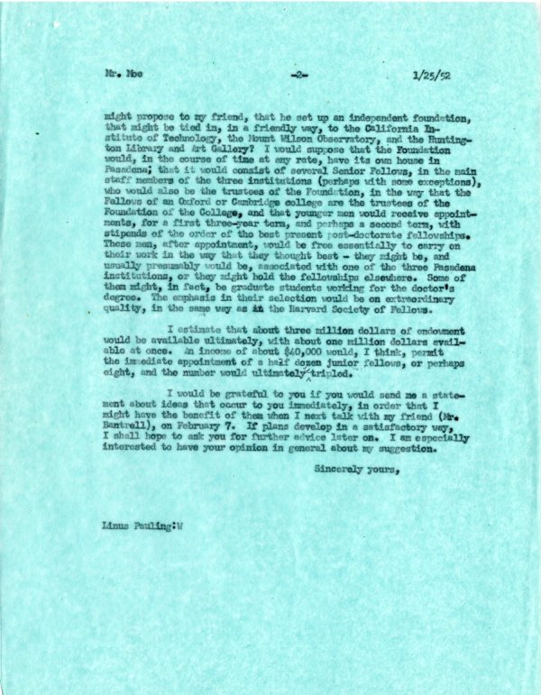 Letter from Linus Pauling to Henry Allen Moe. Page 2. January 25, 1952