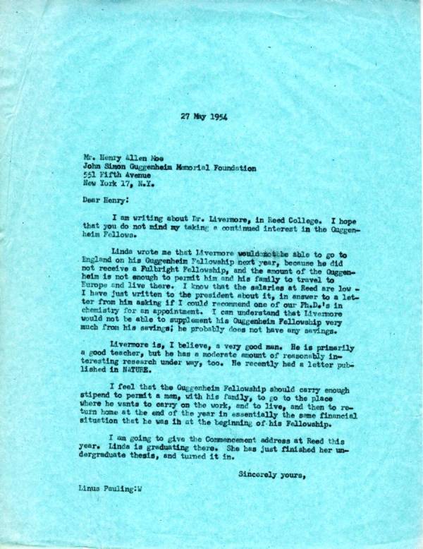 Letter from Linus Pauling to Henry Allen Moe. Page 1. May 27, 1954