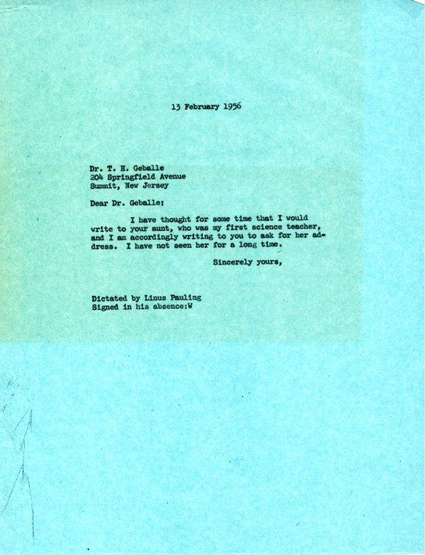 Letter from Linus Pauling to T.H. Geballe. Page 1. February 13, 1956