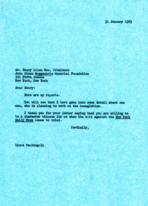 Letter from Linus Pauling to Henry Allen Moe. Page 1. January 31, 1963