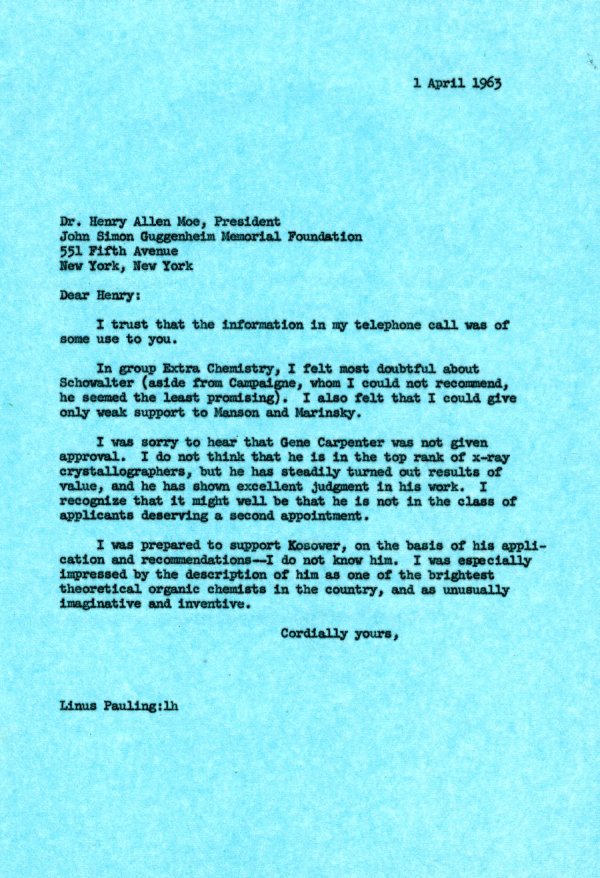 Letter from Linus Pauling to Henry Allen Moe. Page 1. April 1, 1963