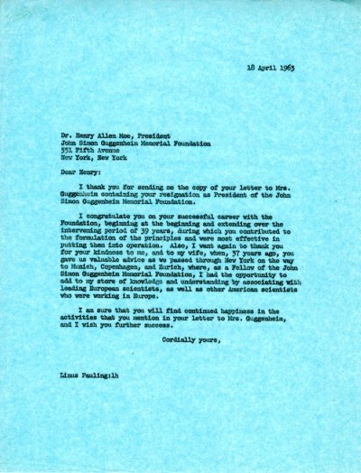 Letter from Henry Allen Moe. Page 1. April 18, 1963