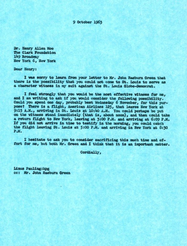 Letter from Linus Pauling to Henry Allen Moe. Page 1. October 9, 1963