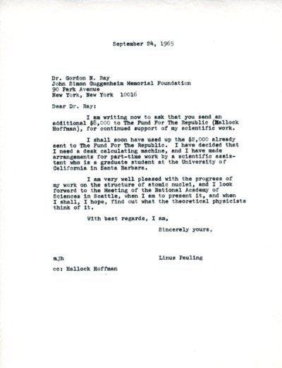 Letter from Linus Pauling to Gordon N. Ray. Page 1. September 24, 1965