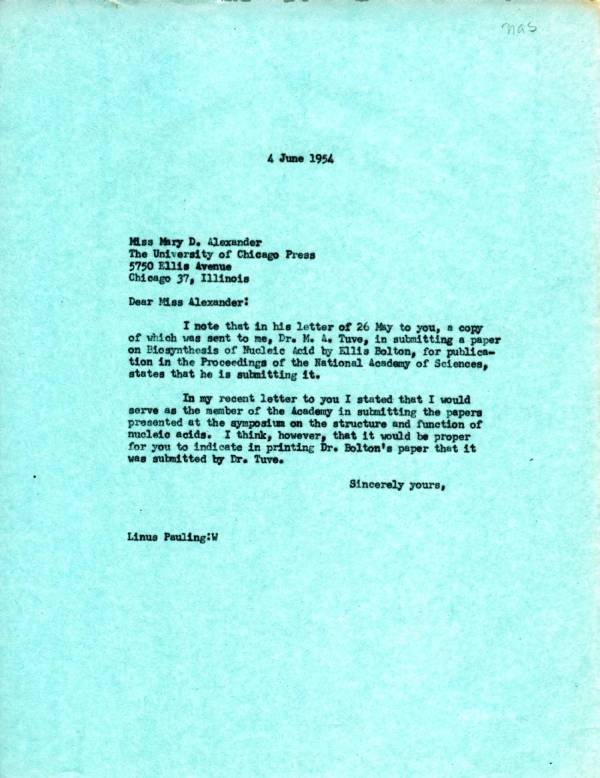 Letter from Linus Pauling to Mary D. Alexander. Page 1. June 4, 1954