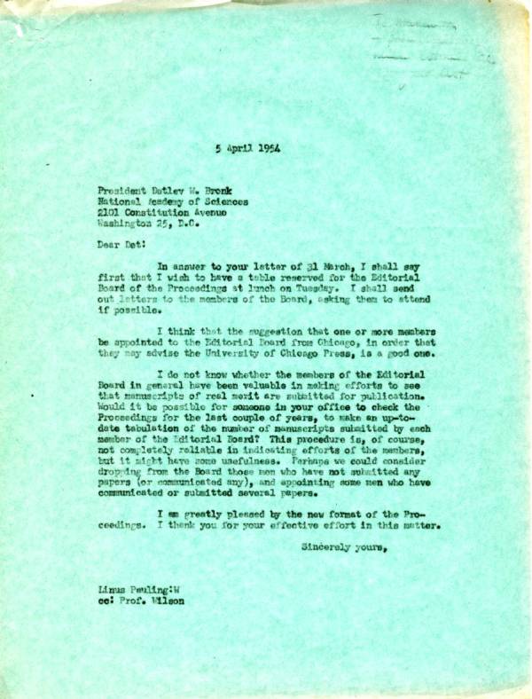 Letter from Linus Pauling to Detlev W. Bronk. Page 1. April 5, 1954