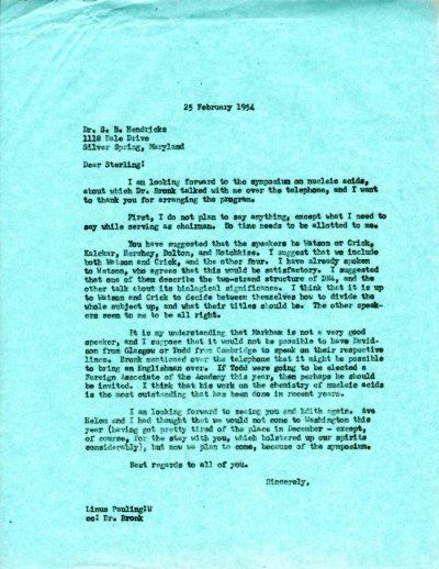 Letter from Linus Pauling to Sterling B. Hendricks. Page 1. February 25, 1954