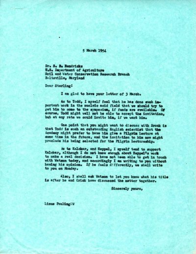 Letter from Linus Pauling to Sterling B. Hendricks. Page 1. March 5, 1954