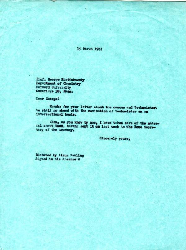 Letter from Linus Pauling to George Kistiakowsky. Page 1. March 15, 1954