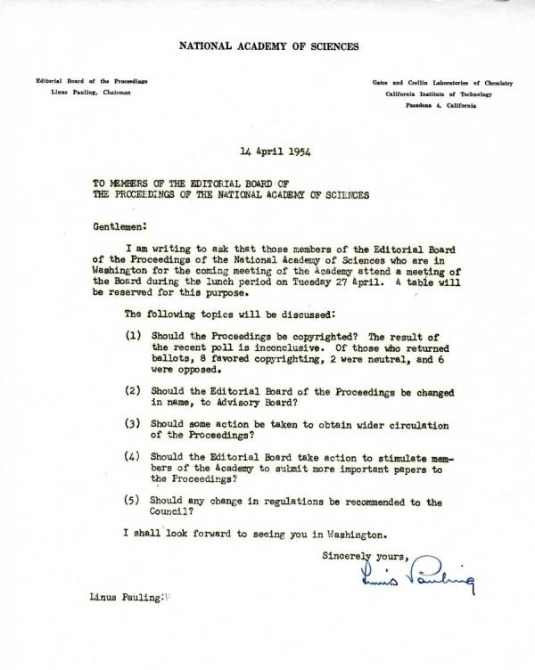 Letter from Linus Pauling to the Editorial Board of the Proceedings of the National Academy of Sciences. Page 1. April 14, 1954