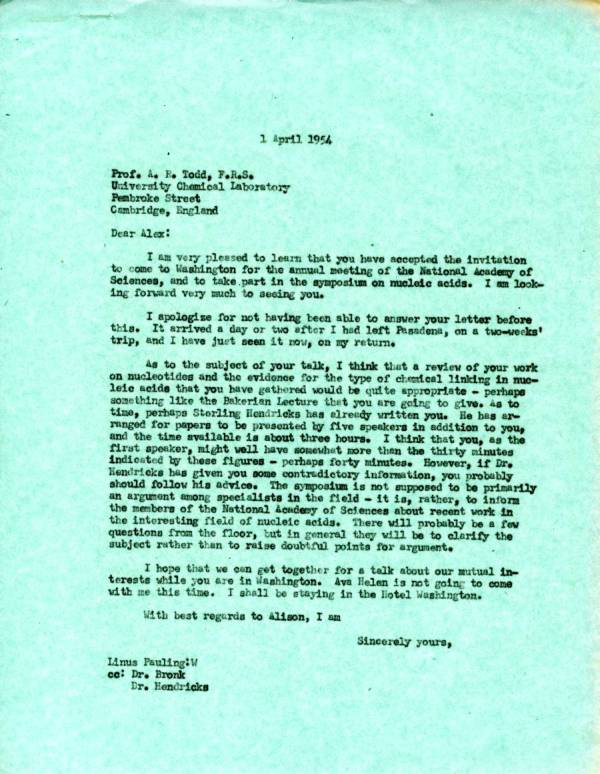 Letter from Linus Pauling to Alexander Todd. Page 1. April 1, 1954