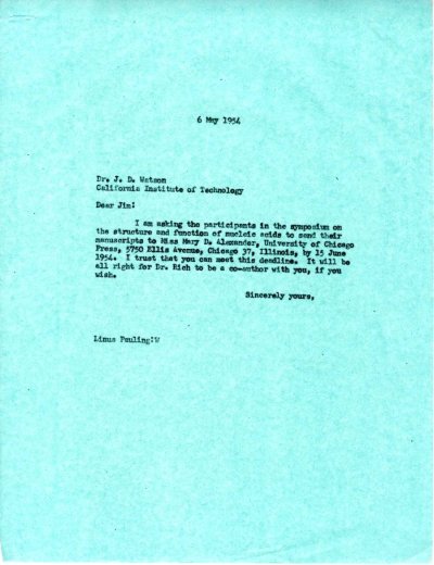 Letter from Linus Pauling to Jim Watson. Page 1. May 6, 1954