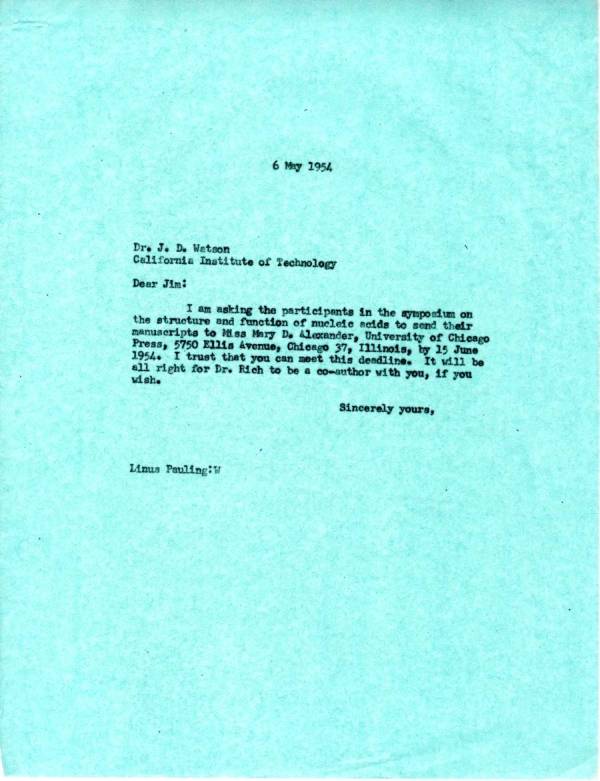 Letter from Linus Pauling to Jim Watson. Page 1. May 6, 1954