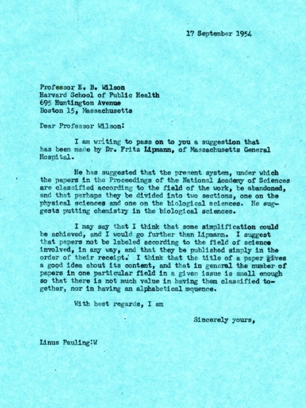 Letter from Linus Pauling to E. Bright Wilson. Page 1. September 17, 1954