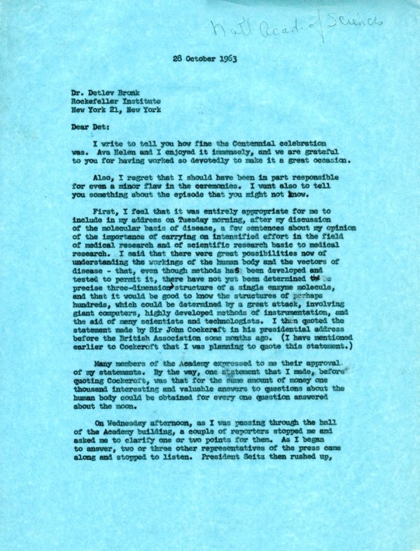 Letter from Linus Pauling to Detlev Bronk. Page 1. October 28, 1963