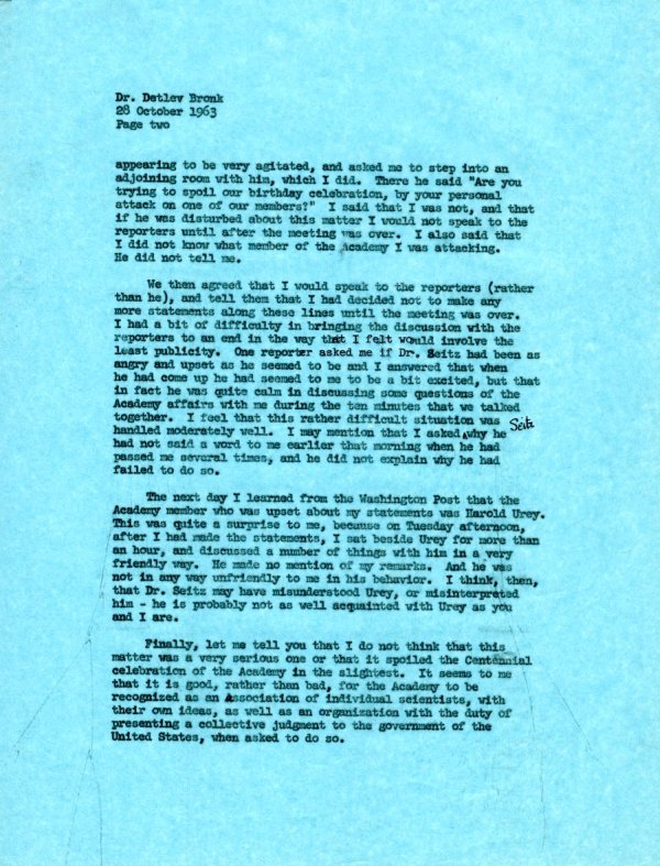 Letter from Linus Pauling to Detlev Bronk. Page 2. October 28, 1963