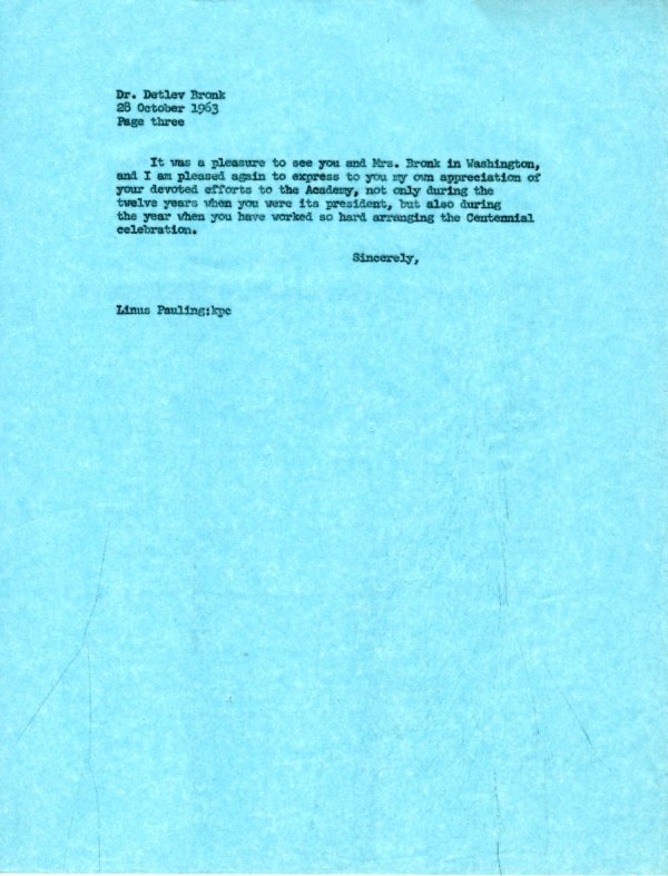 Letter from Linus Pauling to Detlev Bronk. Page 3. October 28, 1963