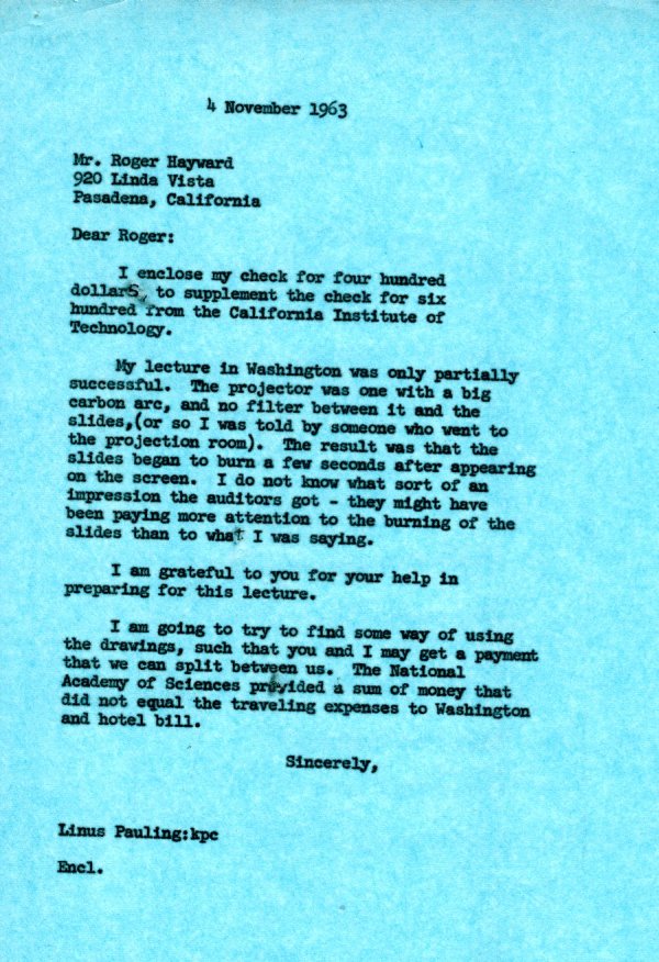 Letter from Linus Pauling to Roger Hayward. Page 1. November 4, 1963