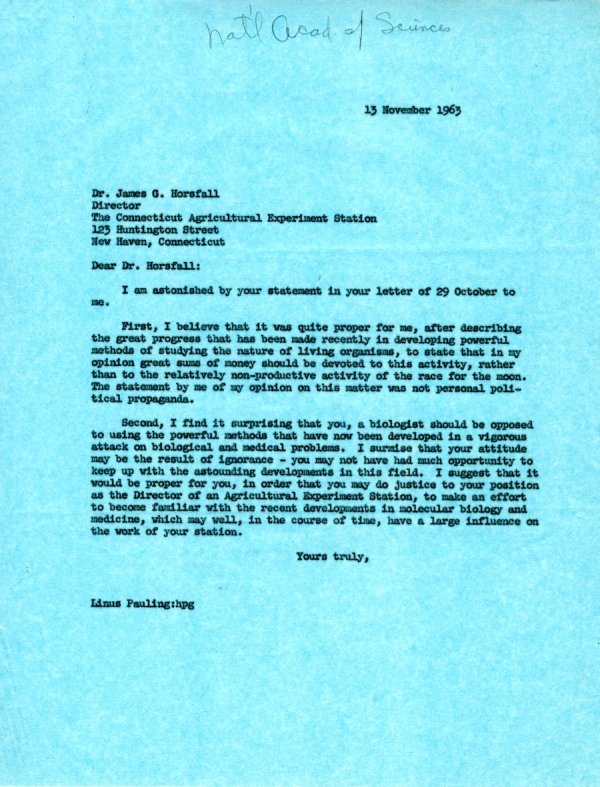 Letter from Linus Pauling to James G. Horsfall. Page 1. November 13, 1963
