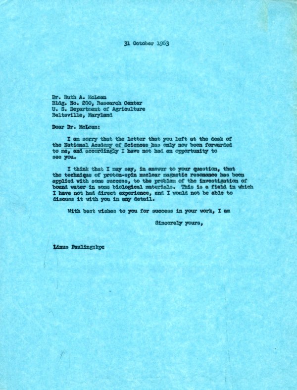 Letter from Linus Pauling to Ruth A. McLean. Page 1. October 31, 1963