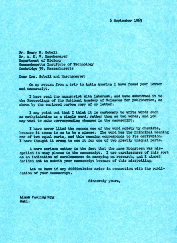 Letter from Linus Pauling to Henry M. Sobell and Audrey E. V. Haschemeyer. Page 1. September 6, 1963
