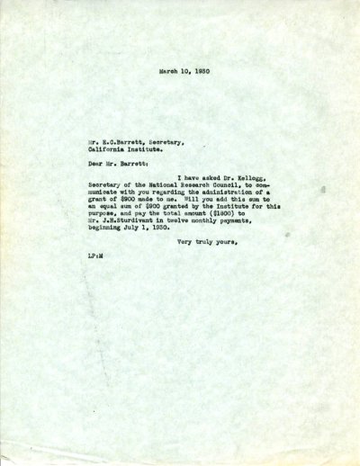 Letter from Linus Pauling to E.C. Barrett. Page 1. March 10, 1930