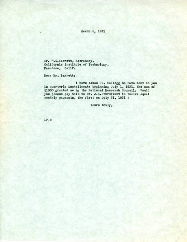 Letter from Linus Pauling to E.C. Barrett. Page 1. March 6, 1931