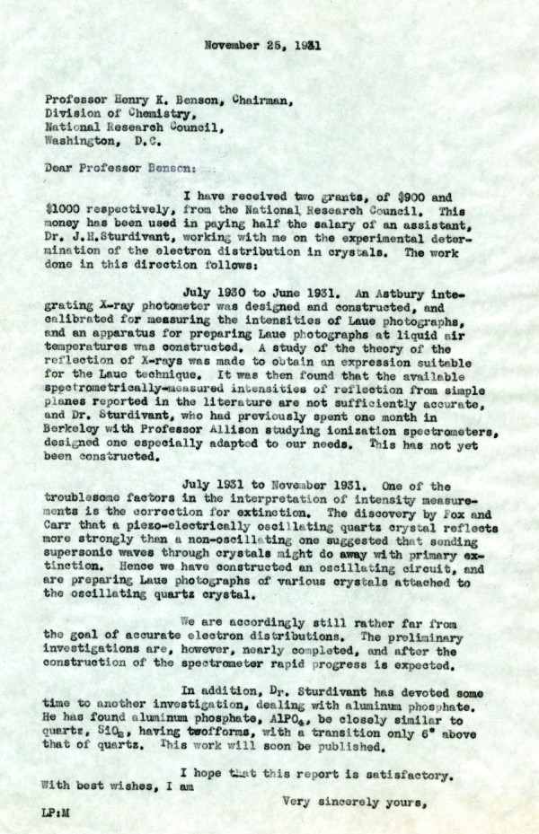 Letter from Linus Pauling to Henry K. Benson. Page 1. November 25, 1931