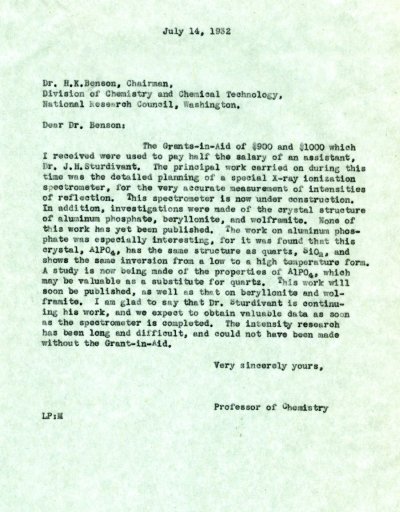 Letter from Linus Pauling to Henry K. Benson. Page 1. July 14, 1932