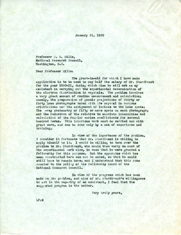 Letter from Linus Pauling to J.E. Mills. Page 1. January 31, 1930