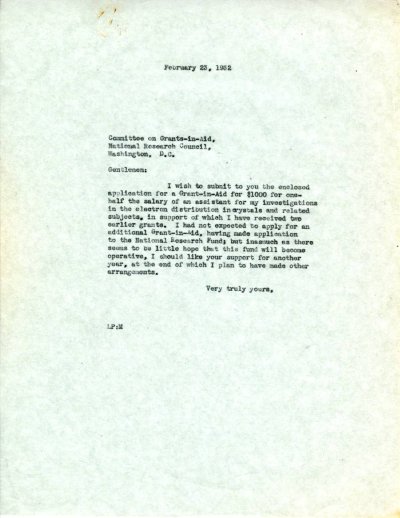 Letter from Linus Pauling to the Committee on Grants-in-Aid, National Research Council. Page 1. February 23, 1932