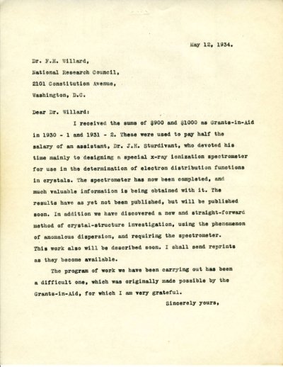 Letter from Linus Pauling to F.H. Willard. Page 1. May 12, 1934