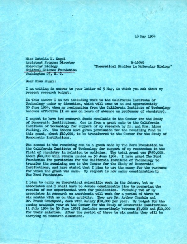 Letter from Linus Pauling to Estella K. Engel. Page 1. May 18, 1964