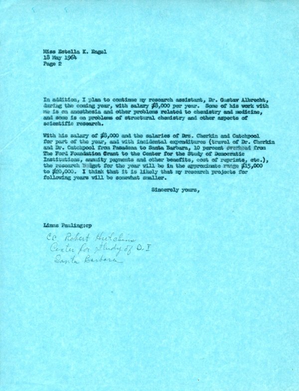 Letter from Linus Pauling to Estella K. Engel. Page 2. May 18, 1964