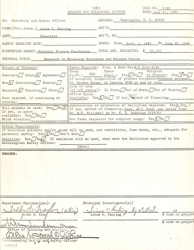"Request for Extramural Support." Page 1. June 21, 1967