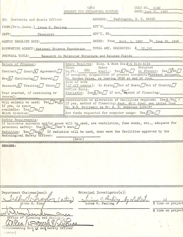 "Request for Extramural Support." Page 1. June 21, 1967