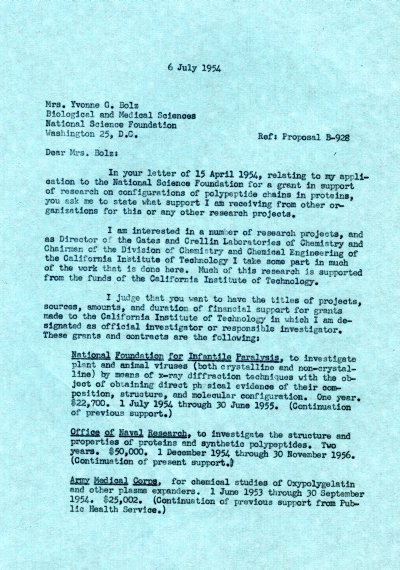 Letter from Linus Pauling to Yvonne G. Bolz. Page 1. July 6, 1954
