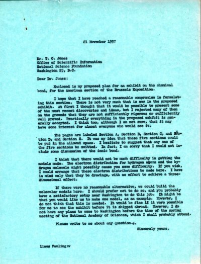 Letter from Linus Pauling to T.O. Jones. Page 1. November 21, 1957
