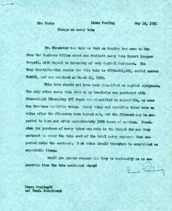 Memorandum from Linus Pauling to C.K. Parks. Page 1. May 18, 1951