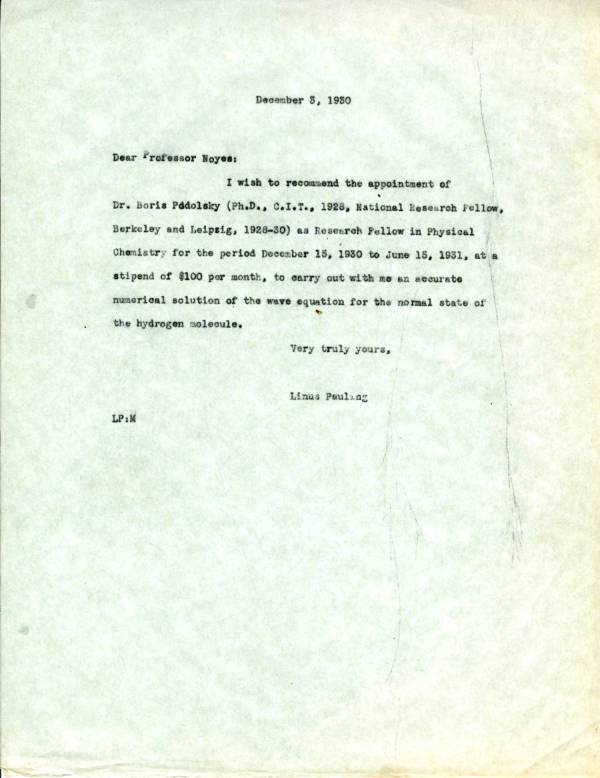 Letter from Linus Pauling to A.A. Noyes. Page 1. December 3, 1930