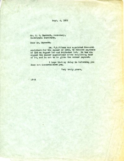 Letter from Linus Pauling to E.C. Barrett. Page 1. September 6, 1932