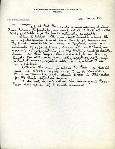 Letter from Linus Pauling to A.A. Noyes. Page 1. November 22, 1933