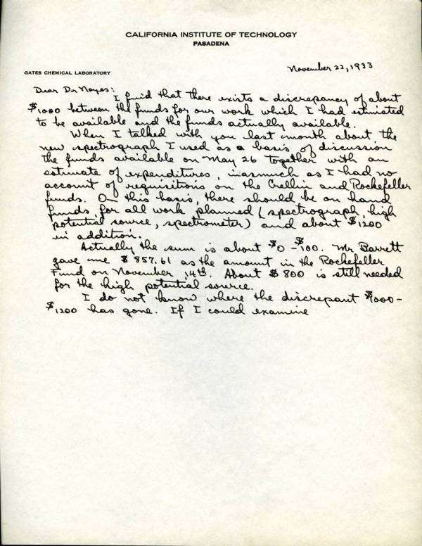 Letter from Linus Pauling to A.A. Noyes. Page 1. November 22, 1933