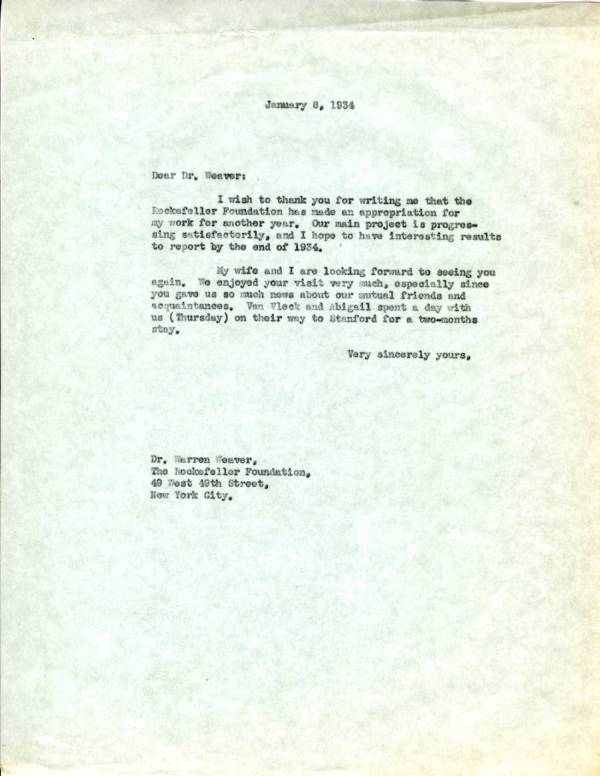 Letter from Linus Pauling to Warren Weaver. Page 1. January 8, 1934