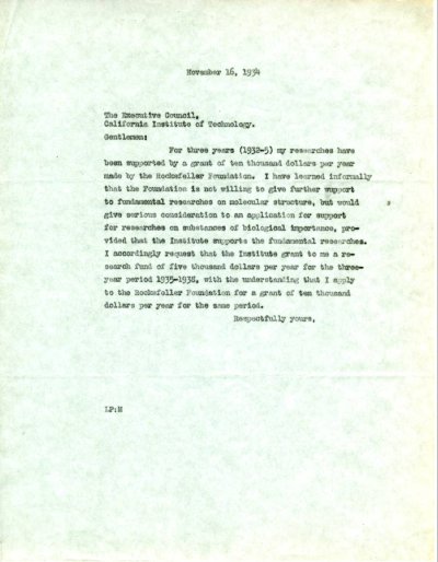 Letter from Linus Pauling to the Caltech Executive Council. Page 1. November 16, 1934