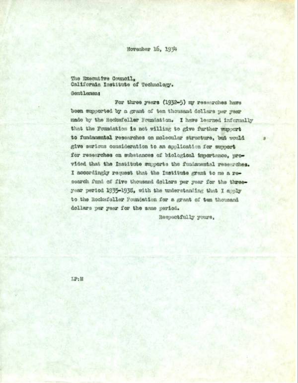 Letter from Linus Pauling to the Caltech Executive Council. Page 1. November 16, 1934