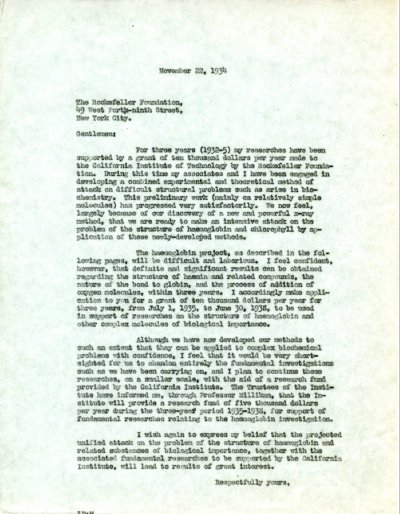 Letter from Linus Pauling to the Rockefeller Foundation. Page 1. November 22, 1934