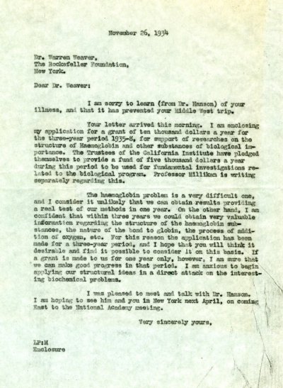 Letter from Linus Pauling to Warren Weaver. Page 1. November 26, 1934