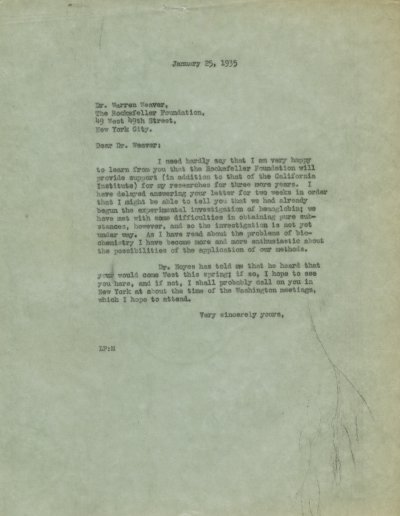 Letter from Linus Pauling to Warren Weaver. Page 1. January 25, 1935