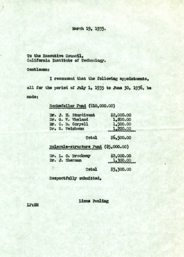 Letter from Linus Pauling to the Caltech Executive Council. Page 1. March 19, 1935